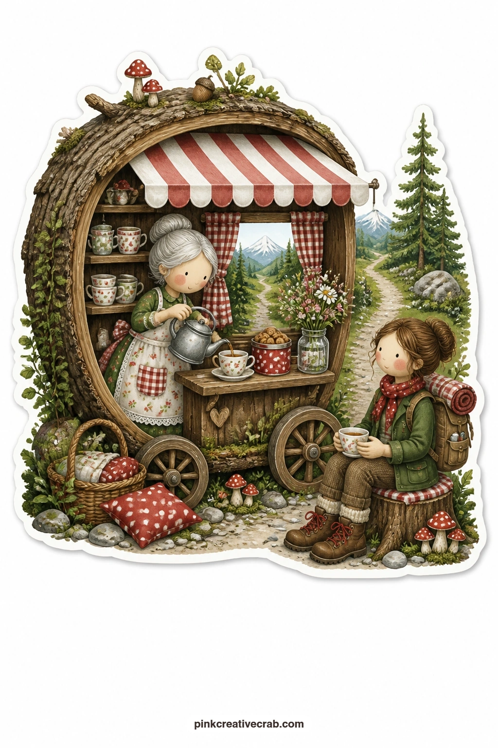 The Forest Tea Cart printable page — Serving tea to passing hikers from her little forest tea cart, an elderly woman pours from a dented kettle while a