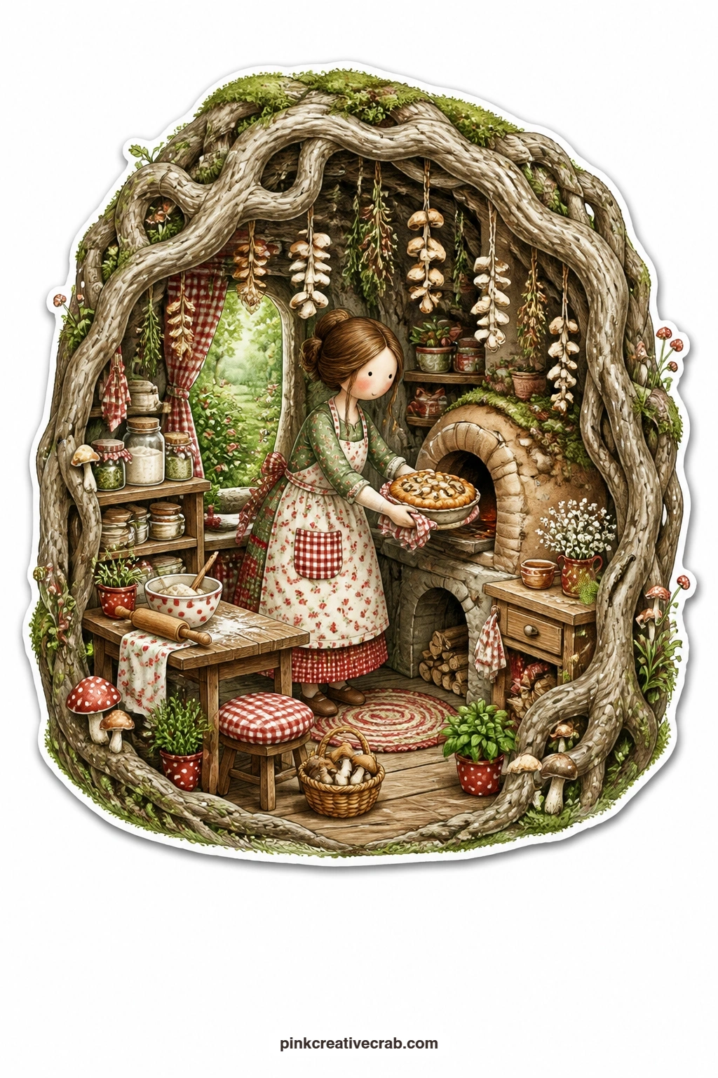 The Root Kitchen Pie printable page — Baking a mushroom pie in her tree root kitchen, a young woman lifts it from a small oven while a mossy glade spreads