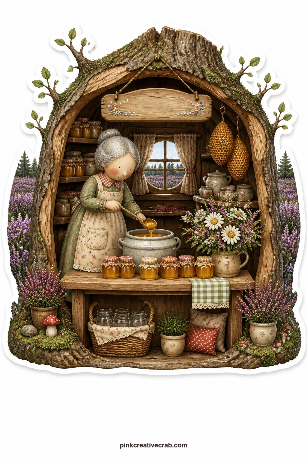 The Honey Stall Hollow printable page — Ladling honey from a stone crock inside a hollow tree honey stall, an elderly woman serves her forest customers while