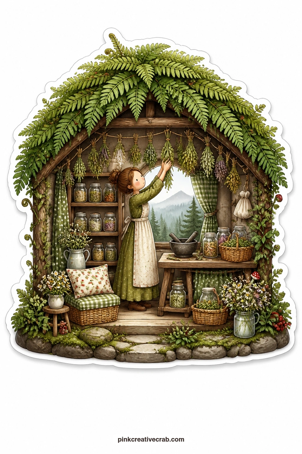 The Fern Roofed Herb Hut printable page — Drying bundles of herbs on lines strung across her fern-roofed hut, a young woman reaches up to add another bunch
