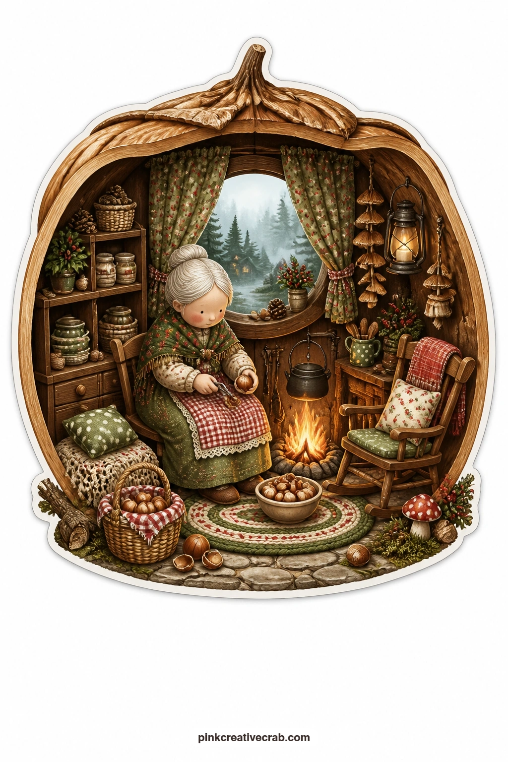 The Hazelnut Shell Fireside printable page — Cracking hazelnuts by a small fire inside her hazelnut shell room, an elderly woman works steadily while evening