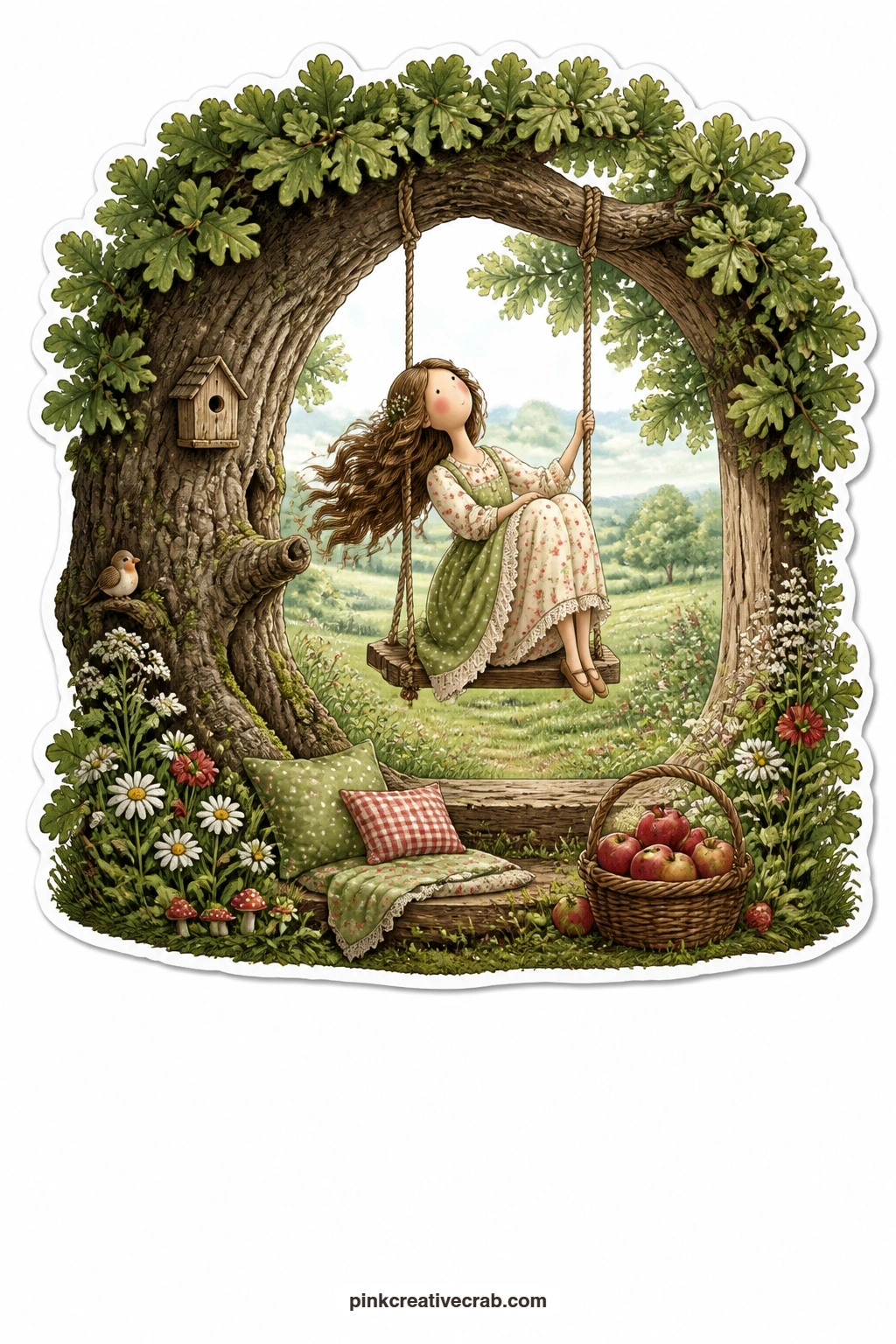 The Oak Tree Swing printable page — Swinging gently beneath the branches of a great oak, a young woman tips her head back in the open air while a meadow