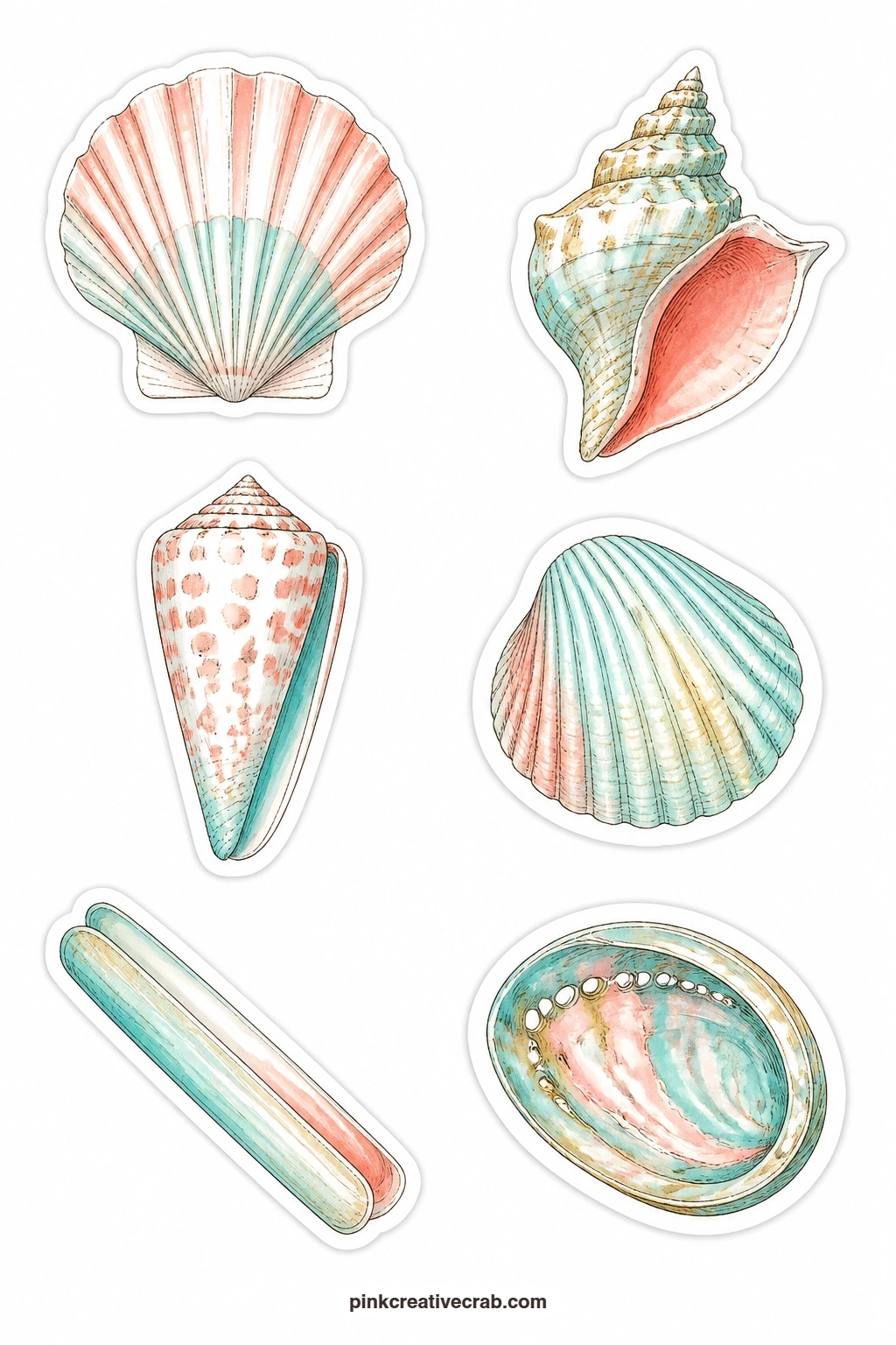 Seashell Stickers printable page — Six classic shells sit on this sheet: a scallop, a whelk, a cone shell, a cockle, a razor shell and an abalone, each one its