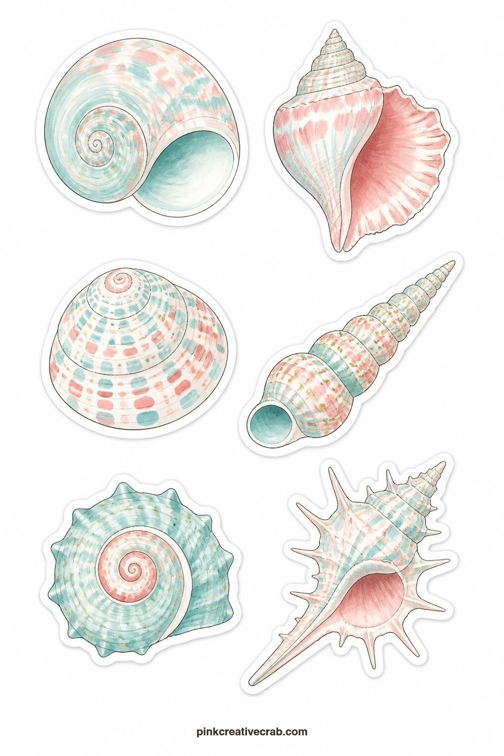 Sea Snail Stickers printable page — Round out the shell collection with six spiral snails: a moon snail, a tulip shell, a top shell, a spindle shell, a turban