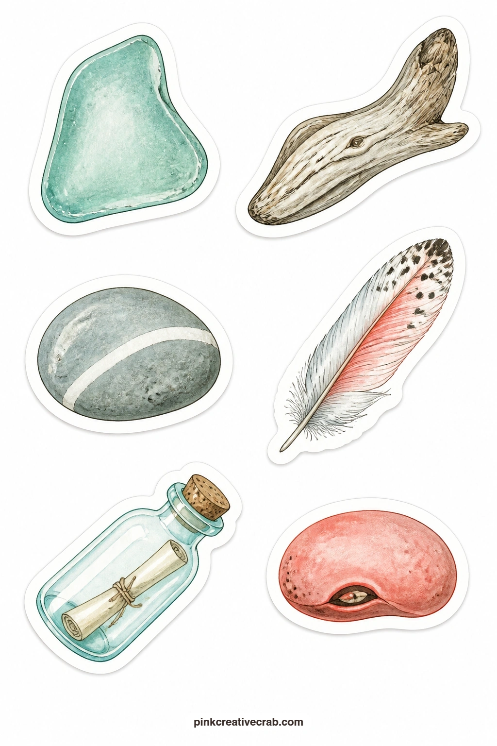 Beach Finds Stickers printable page — A piece of sea glass, a driftwood piece, a pebble, a feather, a message bottle and a sea bean fill this sheet, the kind
