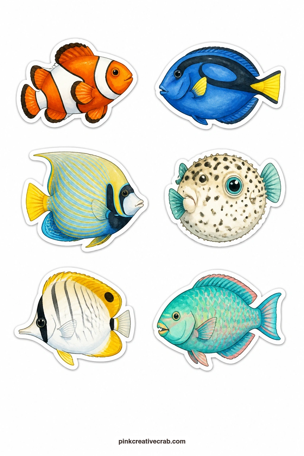 Reef Fish Stickers printable page — Six bright reef fish swim across this sheet: a clownfish, a tang, an angelfish, a pufferfish, a butterfly fish and a
