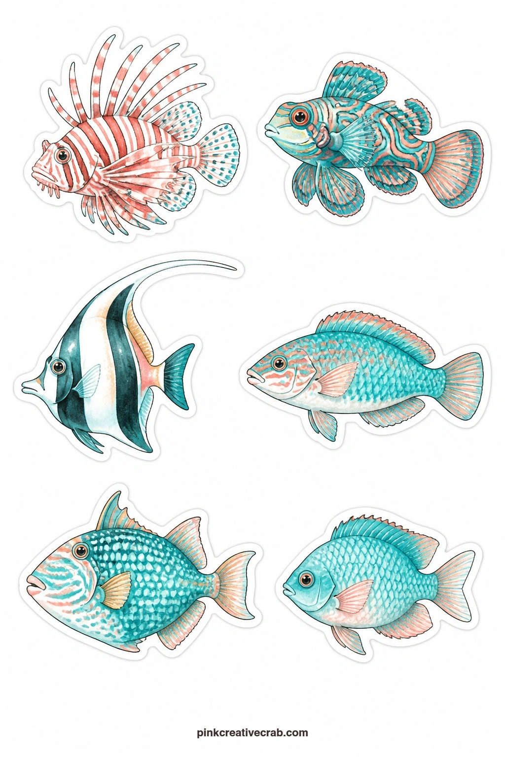 Tropical Fish Stickers printable page — Pair this with the reef fish sheet for a fuller school: a lionfish, a mandarin fish, a moorish idol, a wrasse, a