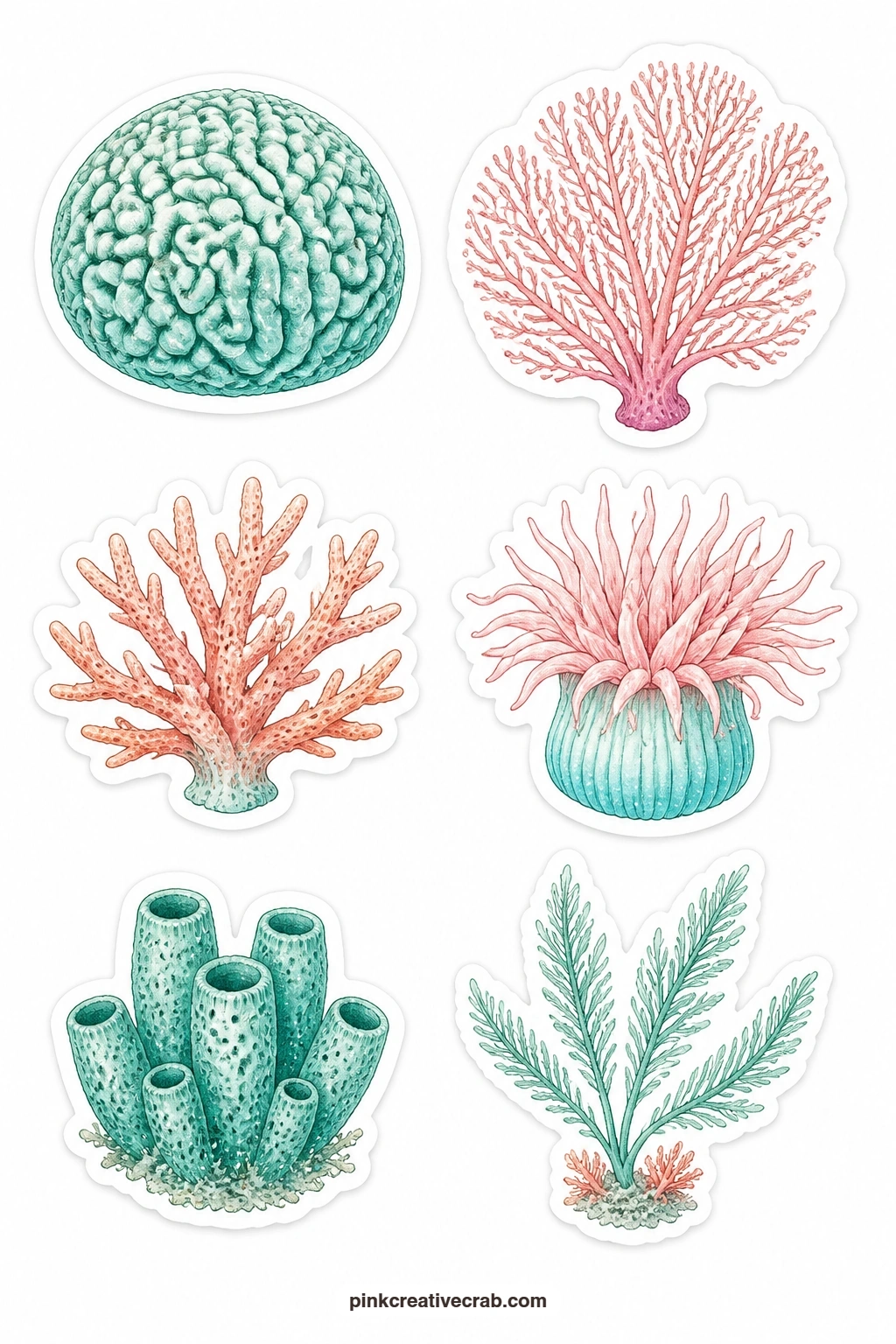 Coral Reef Stickers printable page — A brain coral, a fan coral, a staghorn coral, a sea anemone, a sponge and a sea fern give the reef fish somewhere to live
