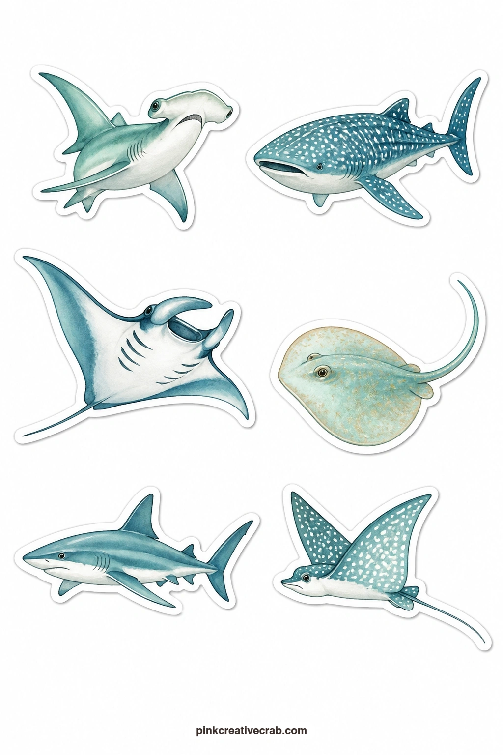 Shark and Ray Stickers printable page — A hammerhead, a whale shark, a manta ray, a stingray, a reef shark and an eagle ray make up this sheet of the ocean's