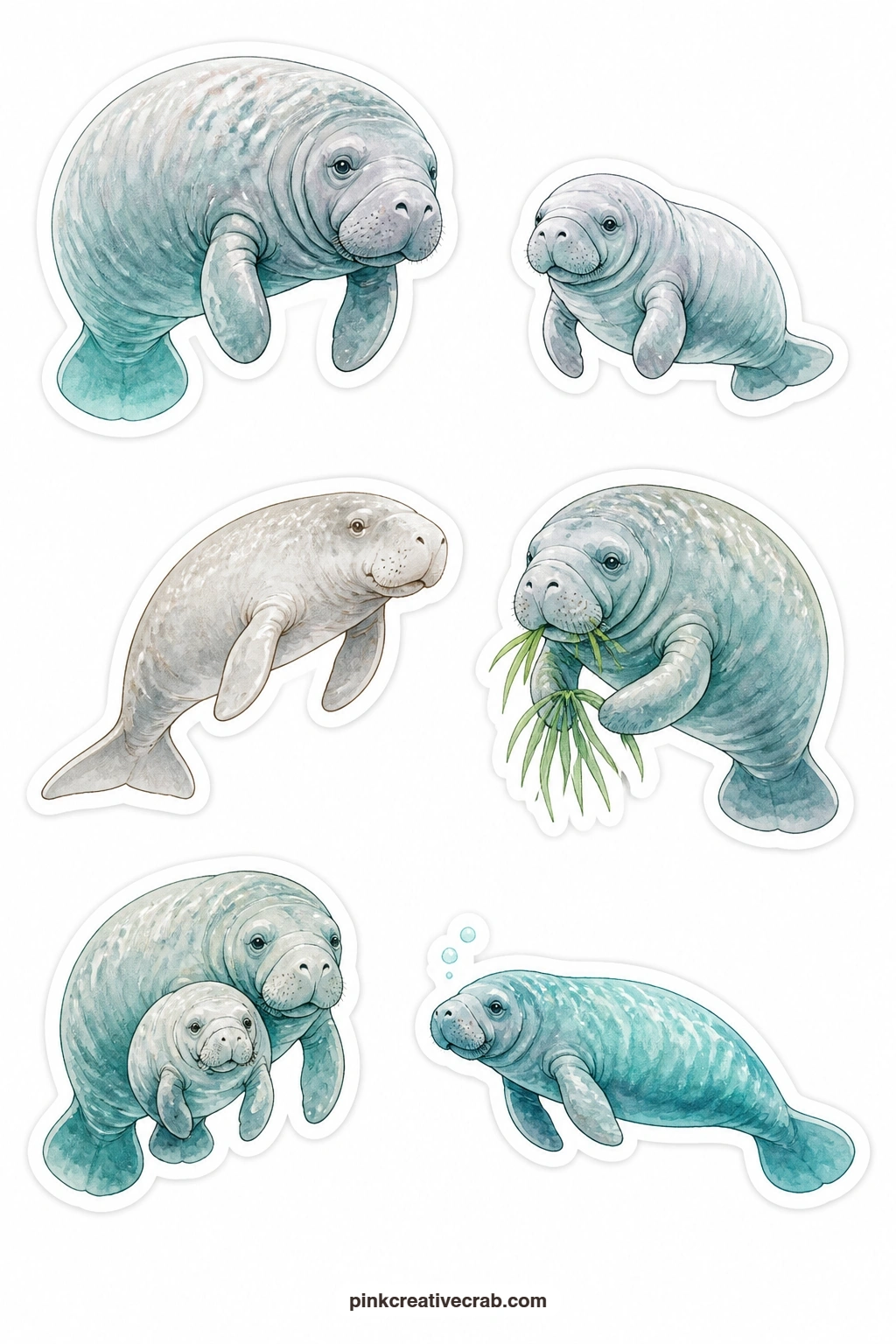Manatee Stickers printable page — A manatee, a manatee calf, a dugong, a manatee with seagrass, a sea cow pair and a manatee swimming give the gentle giants