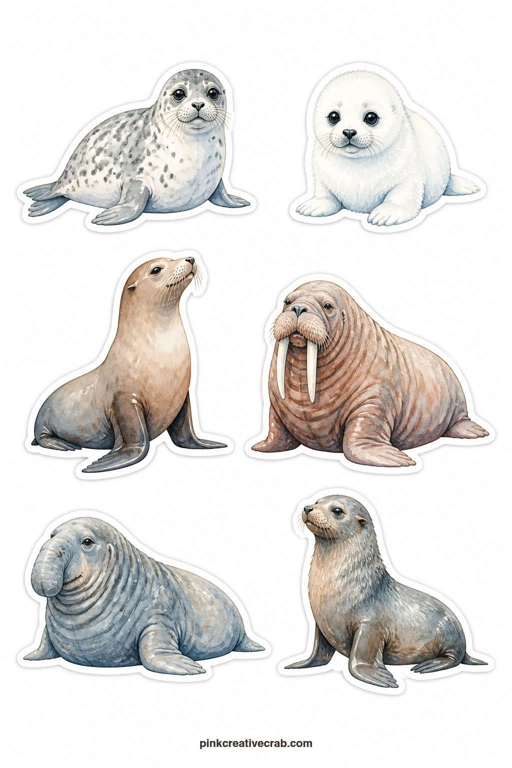 Seal and Walrus Stickers printable page — A harbor seal, a seal pup, a sea lion, a walrus, an elephant seal and a fur seal bring the colder coastline into the