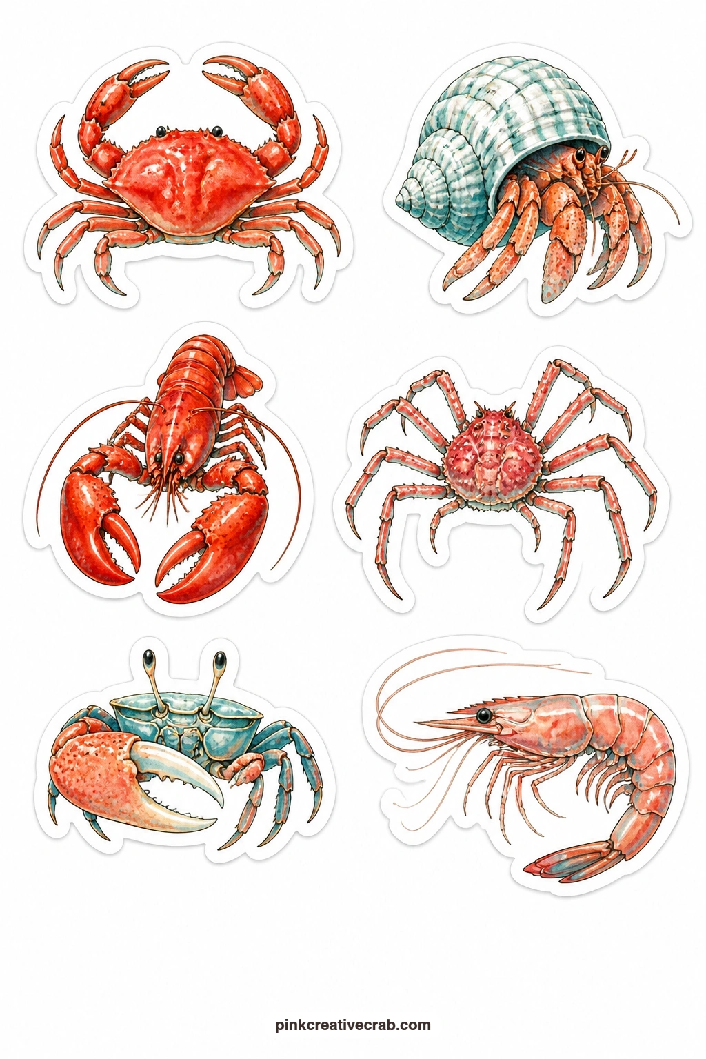 Crab and Lobster Stickers printable page — A red crab, a hermit crab, a lobster, a spider crab, a fiddler crab and a shrimp cover the scuttling side of the