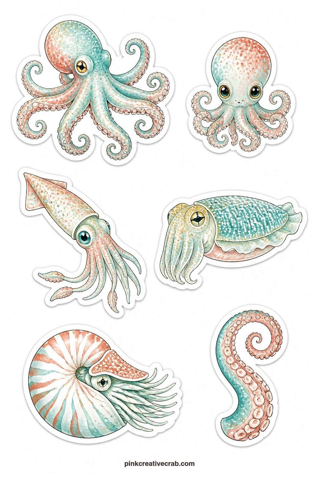 Octopus and Squid Stickers printable page — An octopus, a baby octopus, a squid, a cuttlefish, a nautilus and an octopus tentacle give this sheet its curling