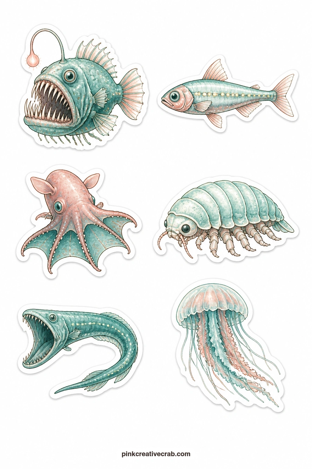 Deep Sea Stickers printable page — An anglerfish, a lanternfish, a vampire squid, a giant isopod, a gulper eel and a deep sea jelly bring the stranger corners