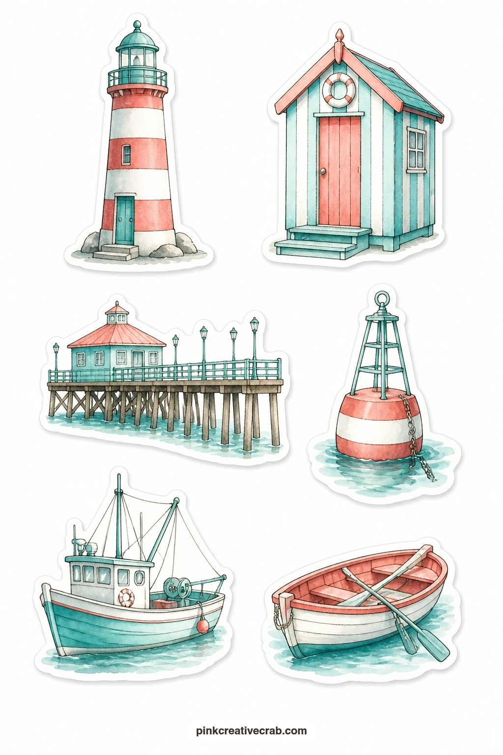 Lighthouse and Coast Stickers printable page — A lighthouse, a beach hut, a pier, a buoy, a fishing boat and a rowboat set the scene for any coastal travel