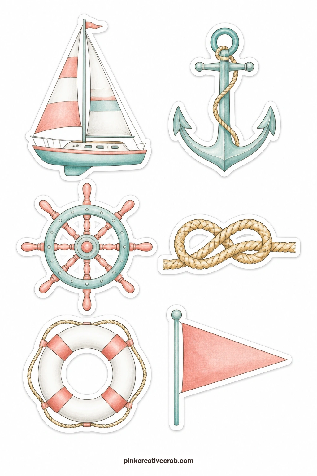 Sailing Stickers printable page — A sailboat, an anchor, a ship wheel, a rope knot, a life ring and a plain pennant flag round out the nautical set, with the
