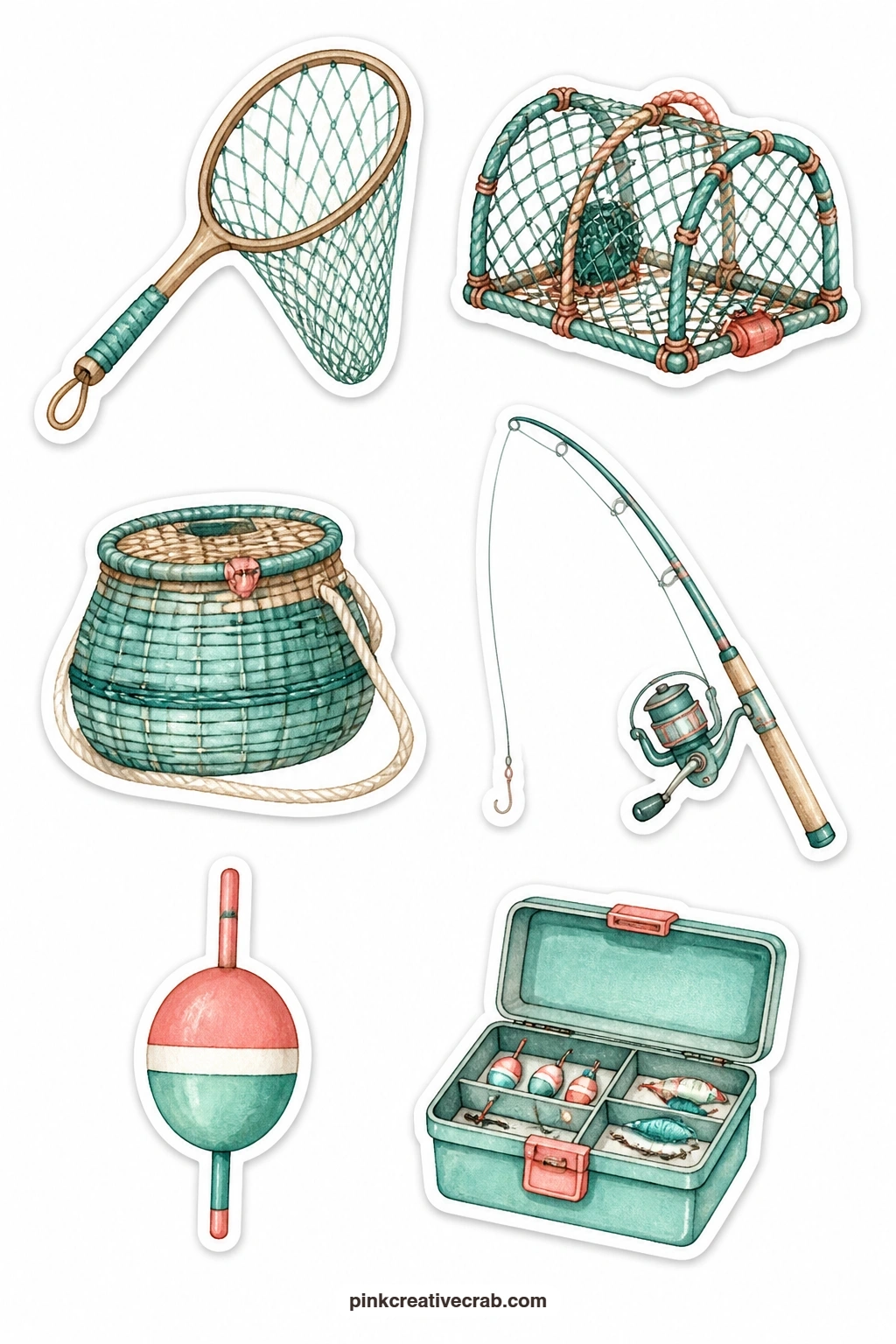 Fishing Gear Stickers printable page — A fishing net, a lobster pot, a fish basket, a fishing rod, a float and a tackle box fill this sheet, a practical