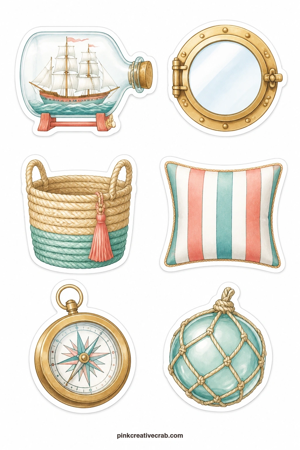 Nautical Home Stickers printable page — A ship in a bottle, a porthole mirror, a rope basket, a striped pillow, a brass compass and a glass float bring the