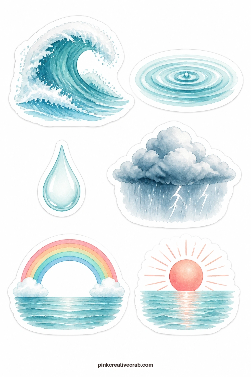 Waves and Weather Stickers printable page — A big wave, a ripple, a water droplet, a stormy cloud, a rainbow over the sea and a sun over the sea capture the