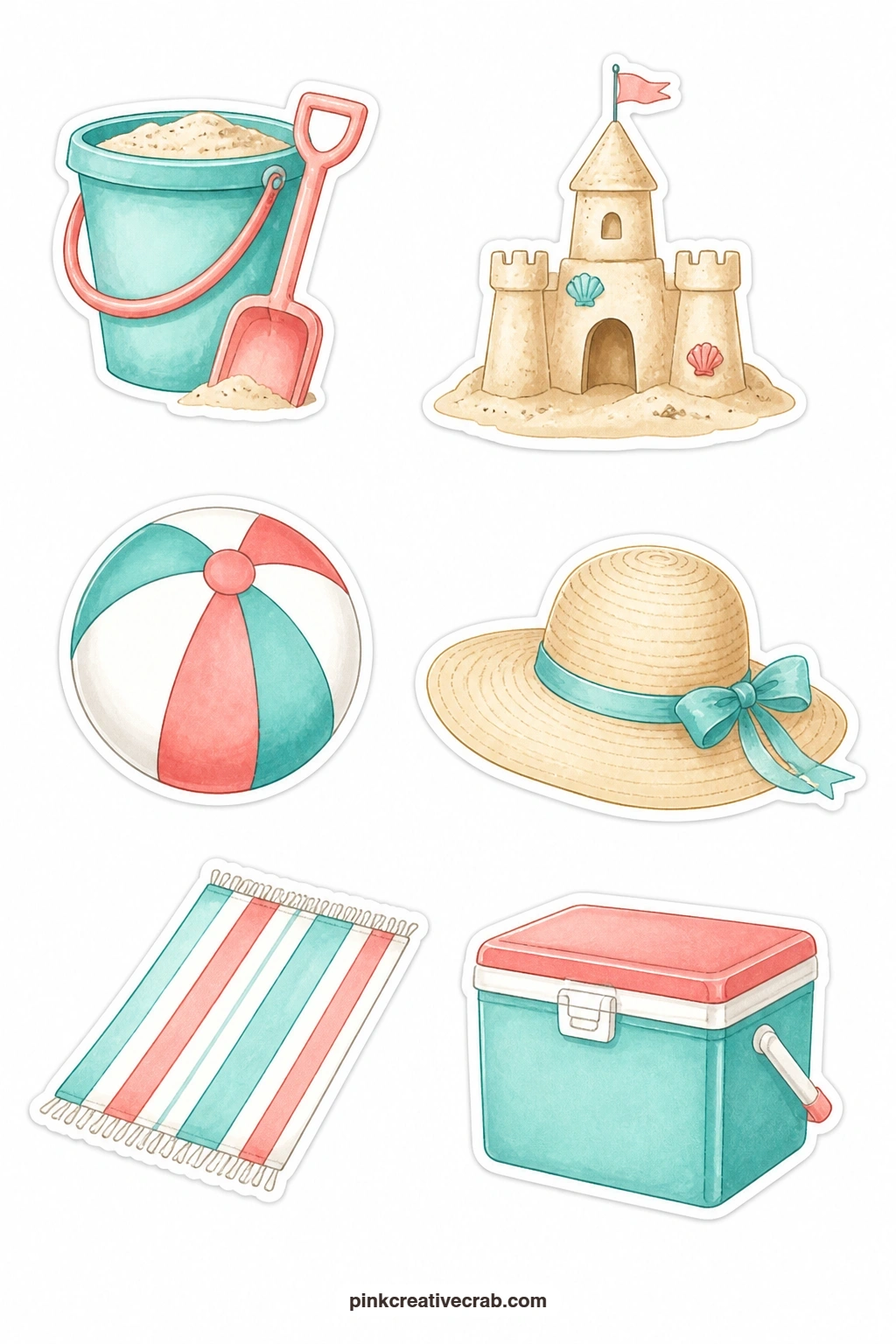 Beach Day Stickers printable page — A bucket and spade, a sandcastle, a beach ball, a straw sun hat, a towel and a cooler fill this cheerful sheet, an easy