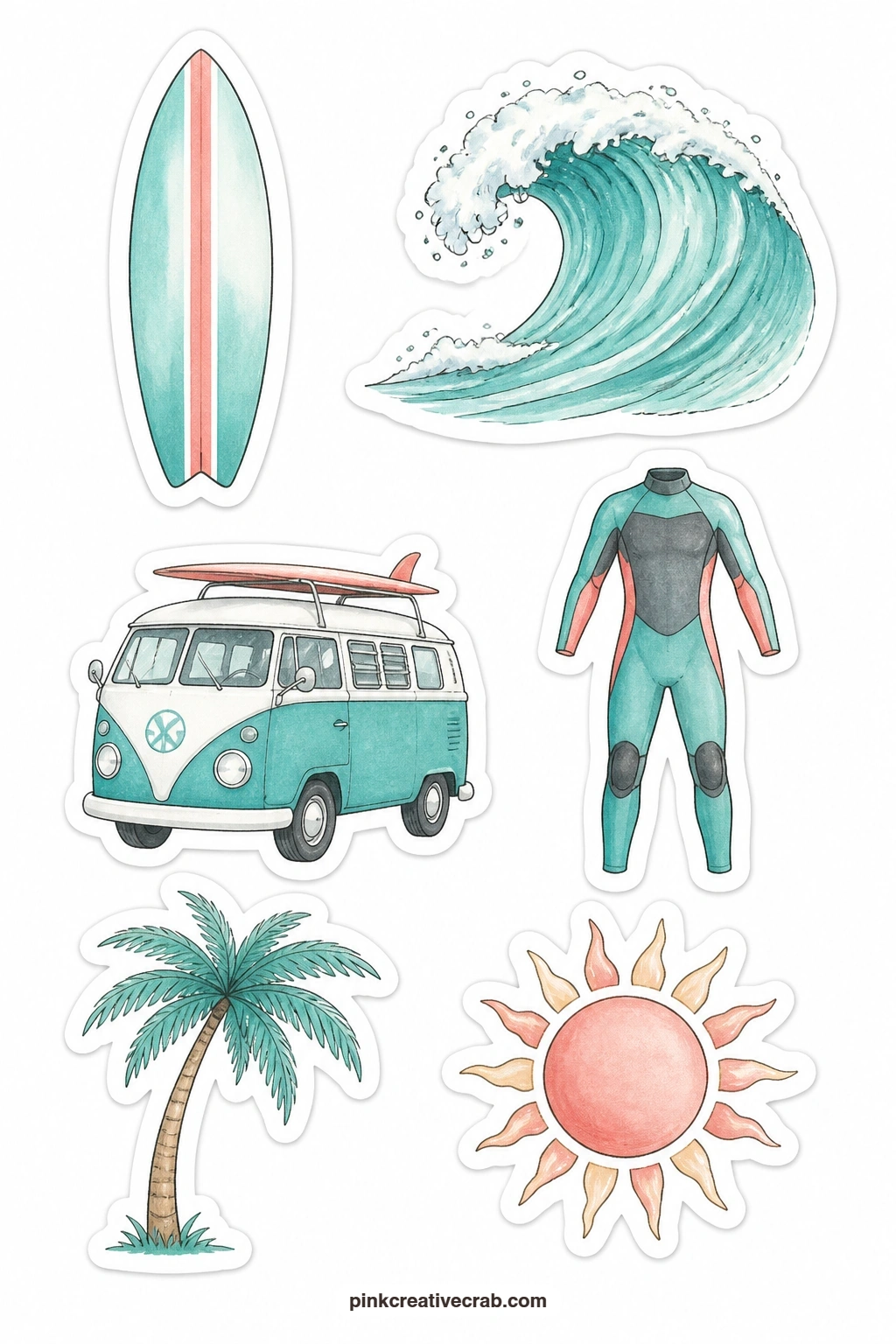 Surf Stickers printable page — A surfboard, a wave, a wetsuit, a surf van, a palm and a sun cover a laid-back surf theme in six pieces, each one a clean