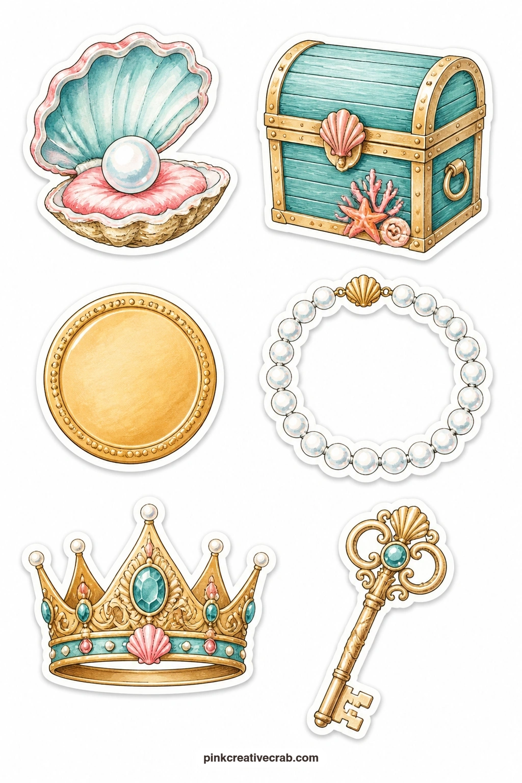Pearls and Treasure Stickers printable page — An oyster with a pearl, a treasure chest, a blank gold coin, a pearl necklace, a crown and a key bring a touch of