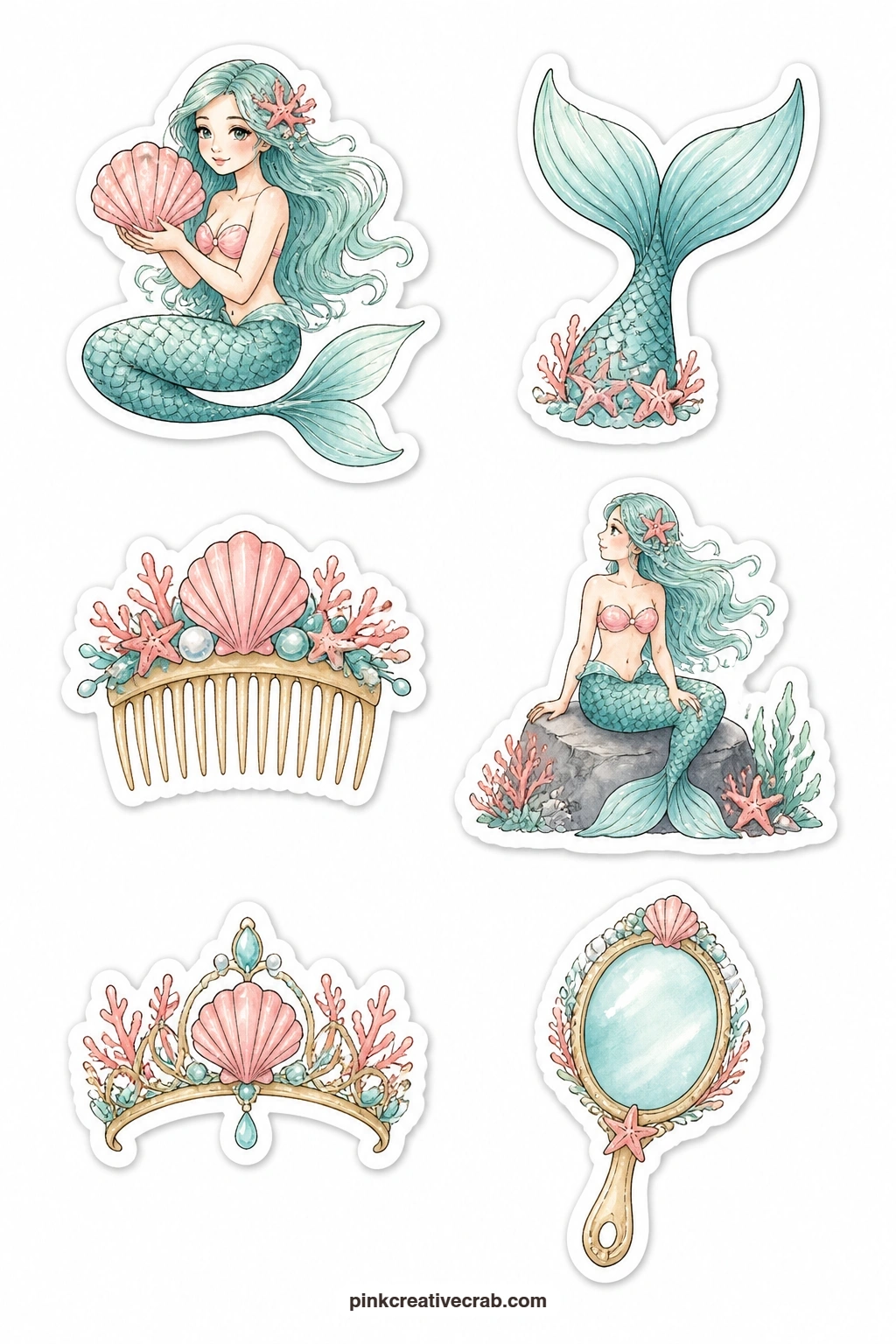 Mermaid Stickers printable page — A mermaid with a shell, a mermaid tail, a mermaid comb, a mermaid on a rock, a mermaid crown and a mermaid mirror finish the