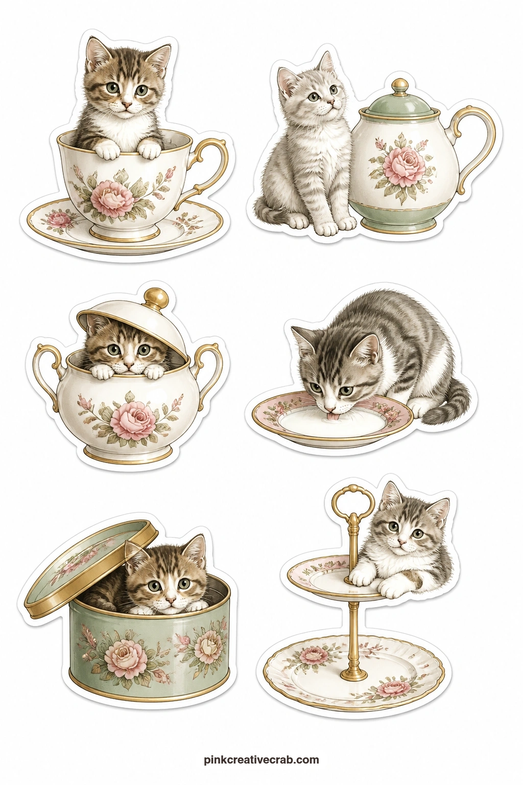 Teatime Cats Stickers printable page — Tuck this sheet into a recipe box, a tea-themed journal page or the corner of a card for a friend who loves her