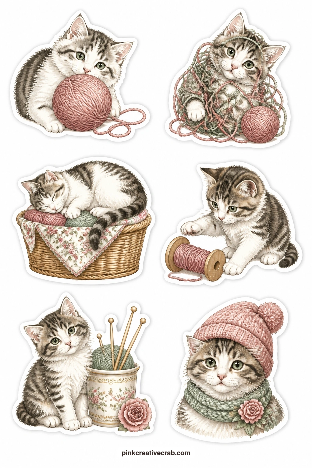 Yarn and Wool Cats Stickers printable page — Pair this sheet with the teatime one above for a cosy spread, since a cat with a ball of wool, a kitten tangled in