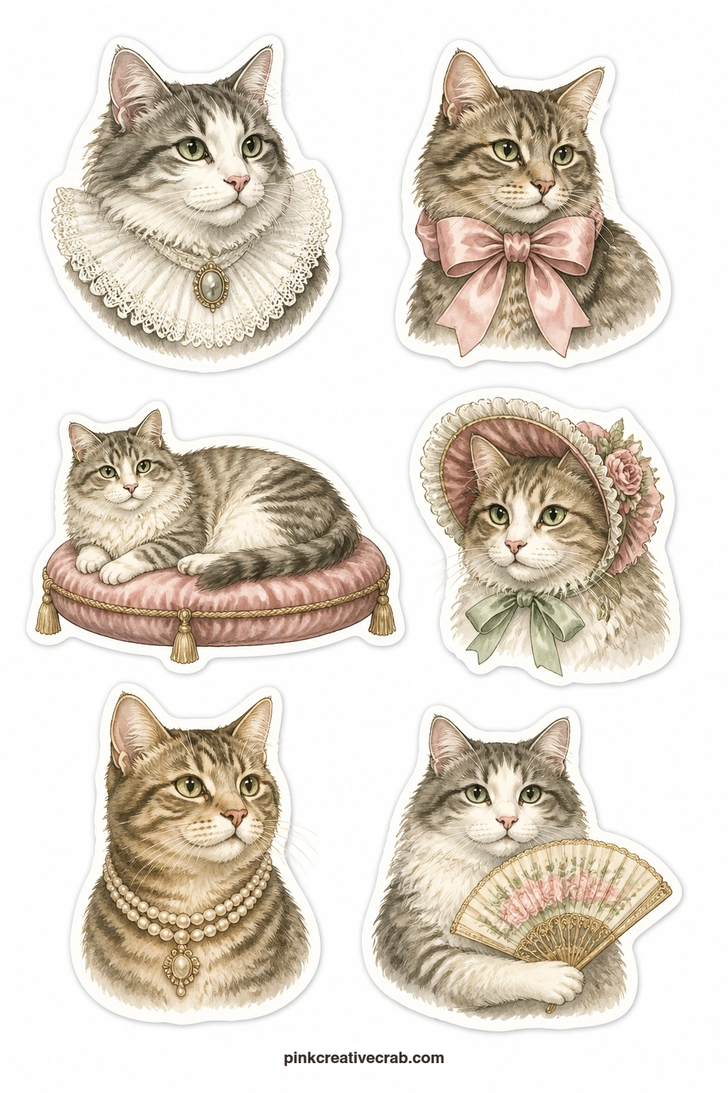 Victorian Cats Stickers printable page — Dressed-up cats from an old parlor photograph: a cat in a lace collar, a cat with a satin bow, a cat reclining on a