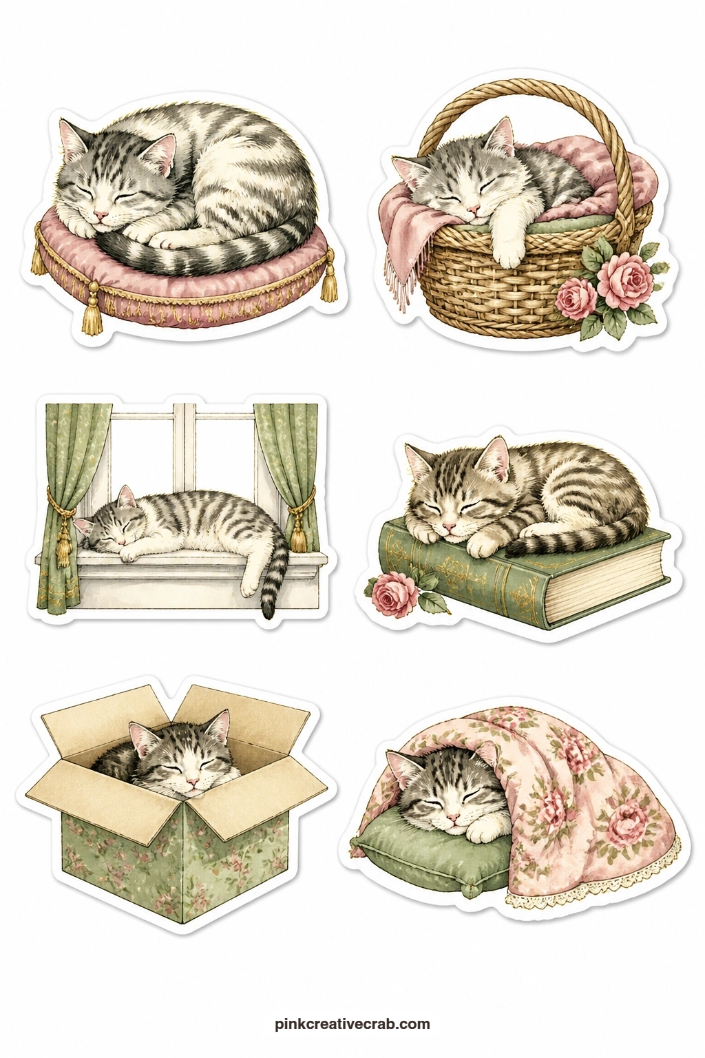 Sleeping Cats Stickers printable page — Save this sheet for the quiet pages, the ones about rest and slow afternoons. Vintage cat stickers