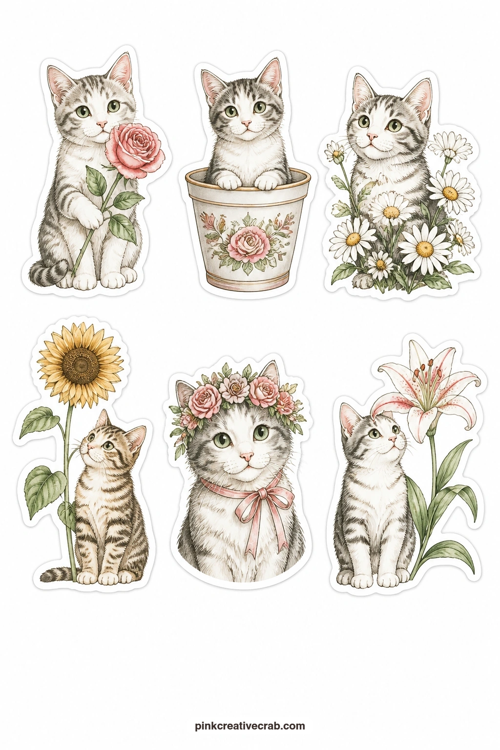 Cats and Flowers Stickers printable page — Six cats paired with garden blooms: a cat with a rose in its mouth, a cat sitting inside a flower pot, a cat among