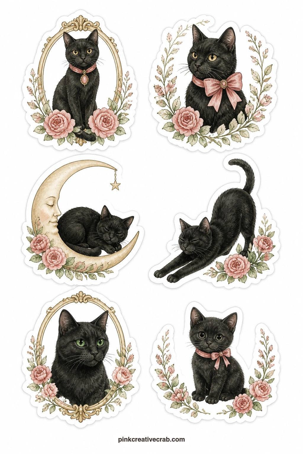 Black Cats Stickers printable page — Moody and sweet at once: a black cat sitting upright, a black cat with a bow at its neck, a black cat curled on a crescent