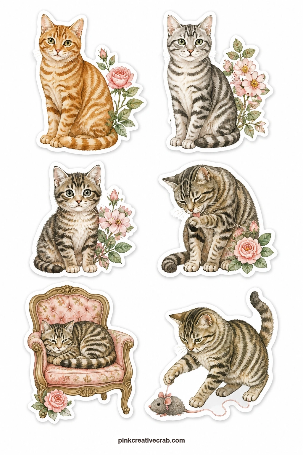 Tabby Cats Stickers printable page — An orange tabby, a grey tabby, a tabby kitten, a tabby washing a paw, a tabby curled in a chair and a tabby batting a toy