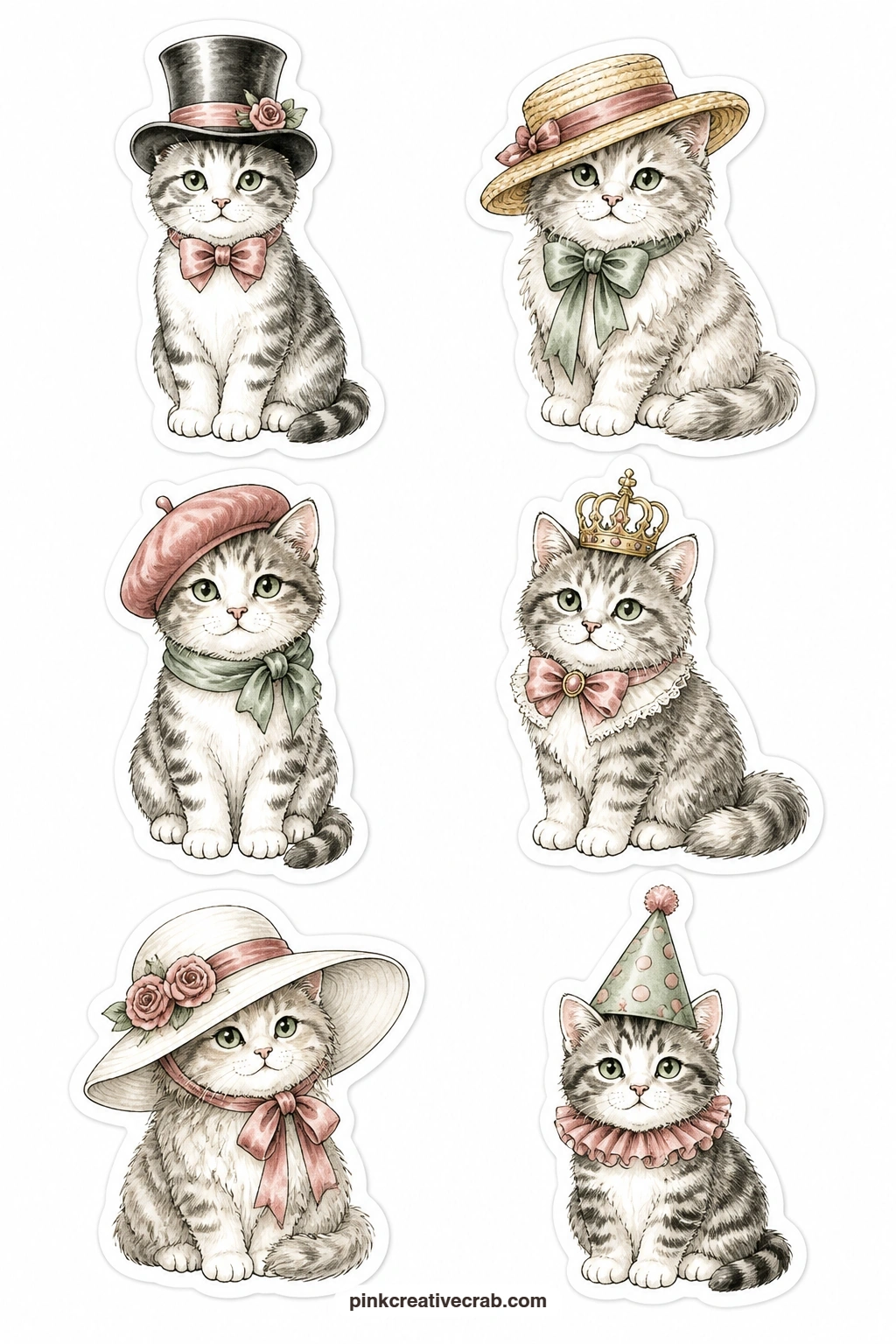 Cats in Hats Stickers printable page — Six cats, six hats: a top hat, a straw hat, a beret, a small crown, a wide sun hat and a pointed party hat, each one