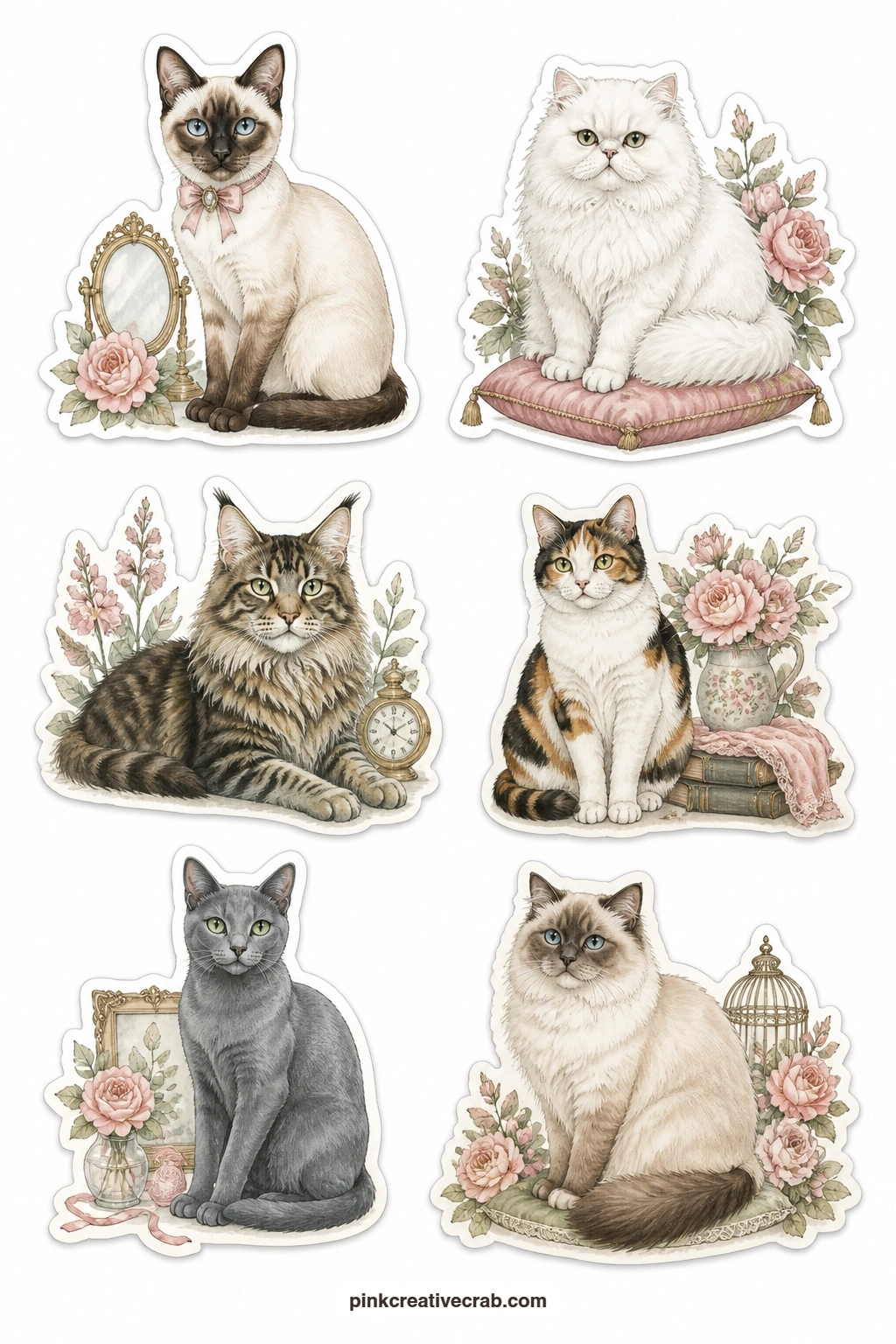 Cat Breeds Stickers printable page — Six recognisable breeds in one sheet: a Siamese, a Persian, a Maine Coon, a calico, a Russian Blue and a ragdoll, each