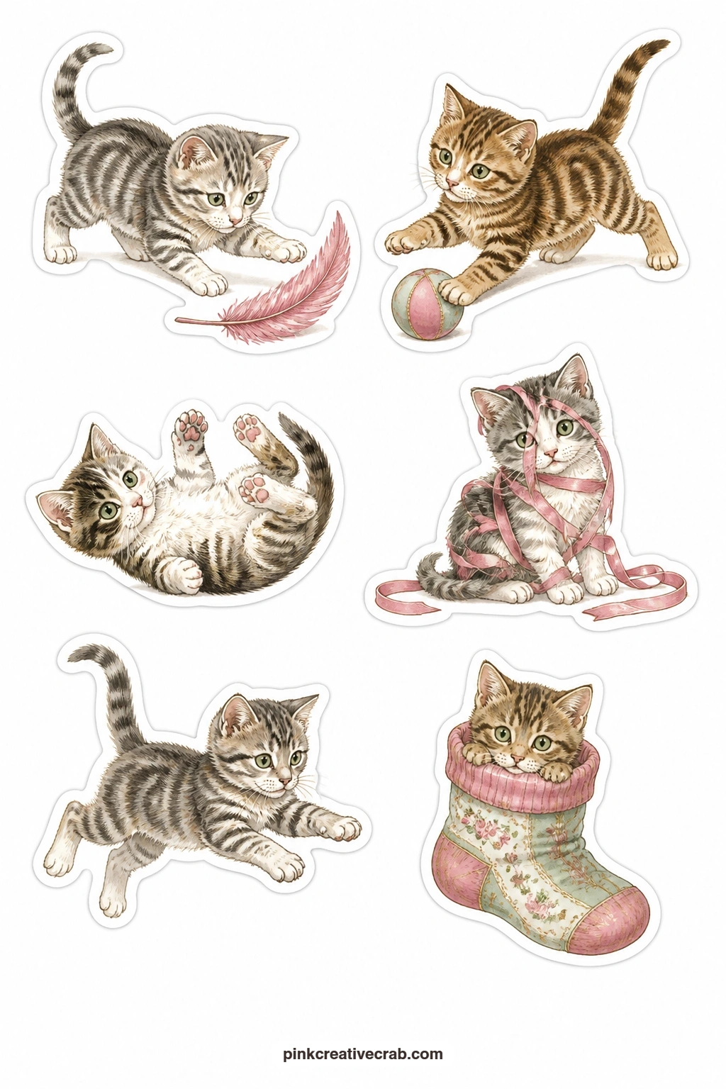 Kittens Playing Stickers printable page — Pure motion on this sheet: a kitten chasing a feather, a kitten chasing a ball, a kitten rolled onto its back, a