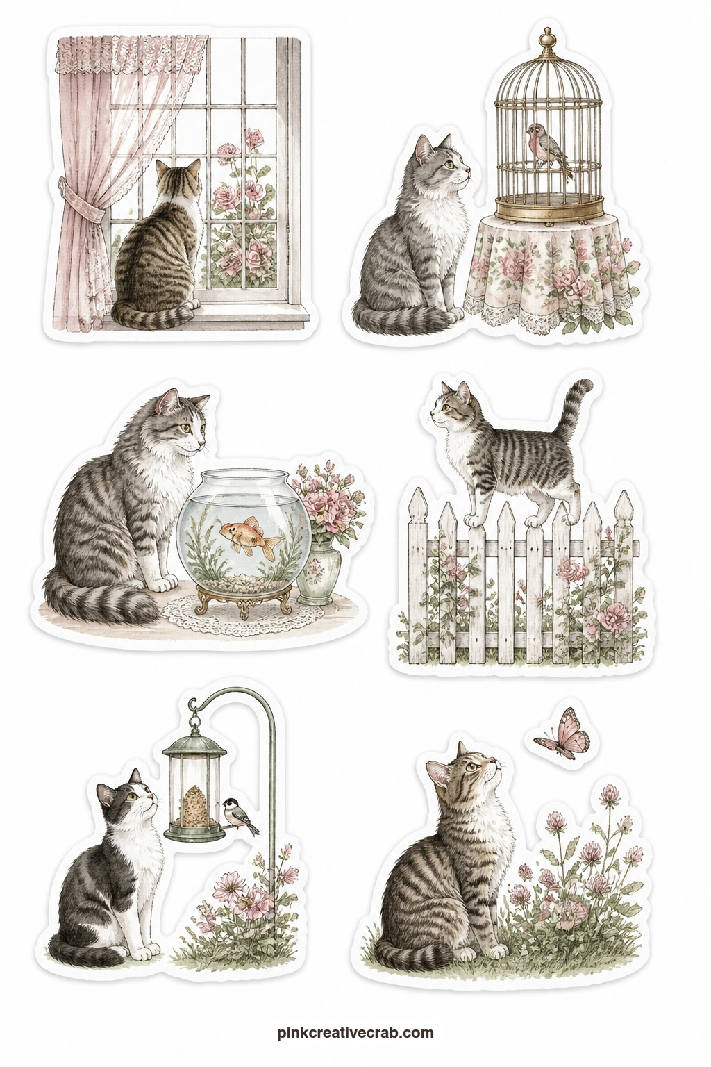Cats Watching Stickers printable page — Six cats caught mid-watch: a cat at a window, a cat eyeing a bird cage, a cat at a fishbowl, a cat balanced on a fence