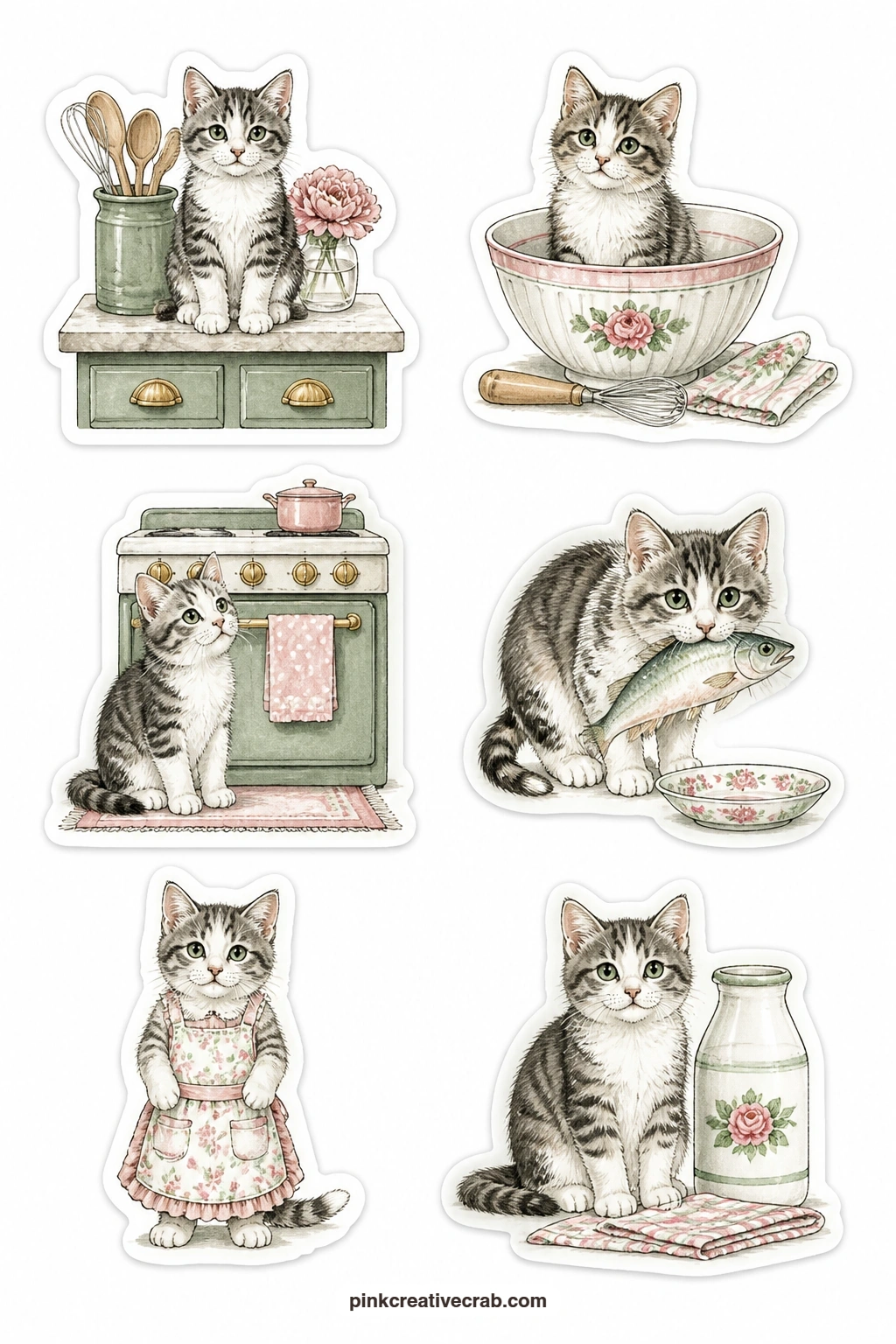 Cats in the Kitchen Stickers printable page — Kitchen mischief across six objects: a cat on the counter, a cat in a mixing bowl, a cat by the oven, a cat with