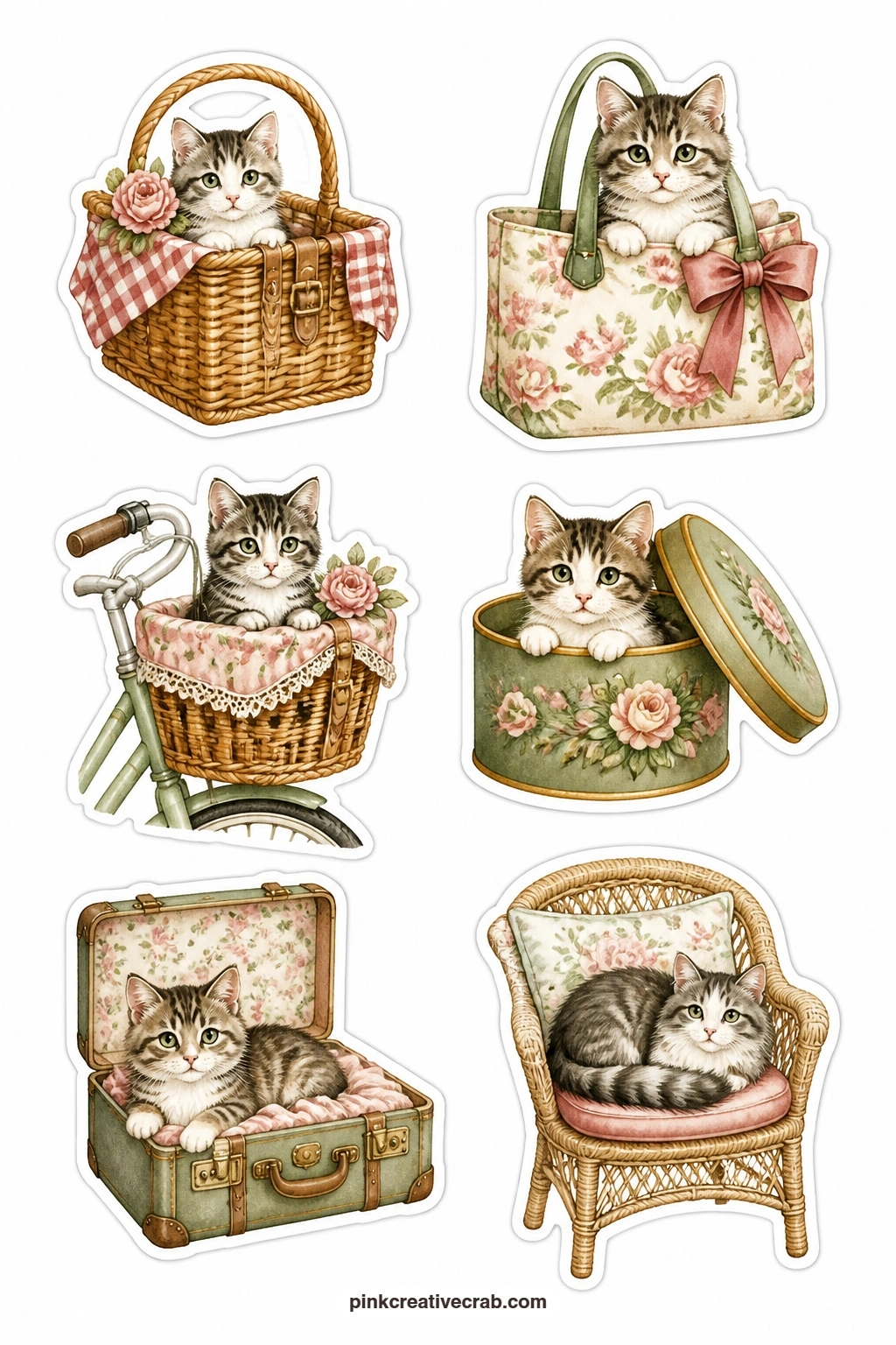 Cats in Baskets and Bags Stickers printable page — Six ways to carry a cat along: a picnic basket, a tote bag, a bicycle basket, a hat box, a suitcase and a