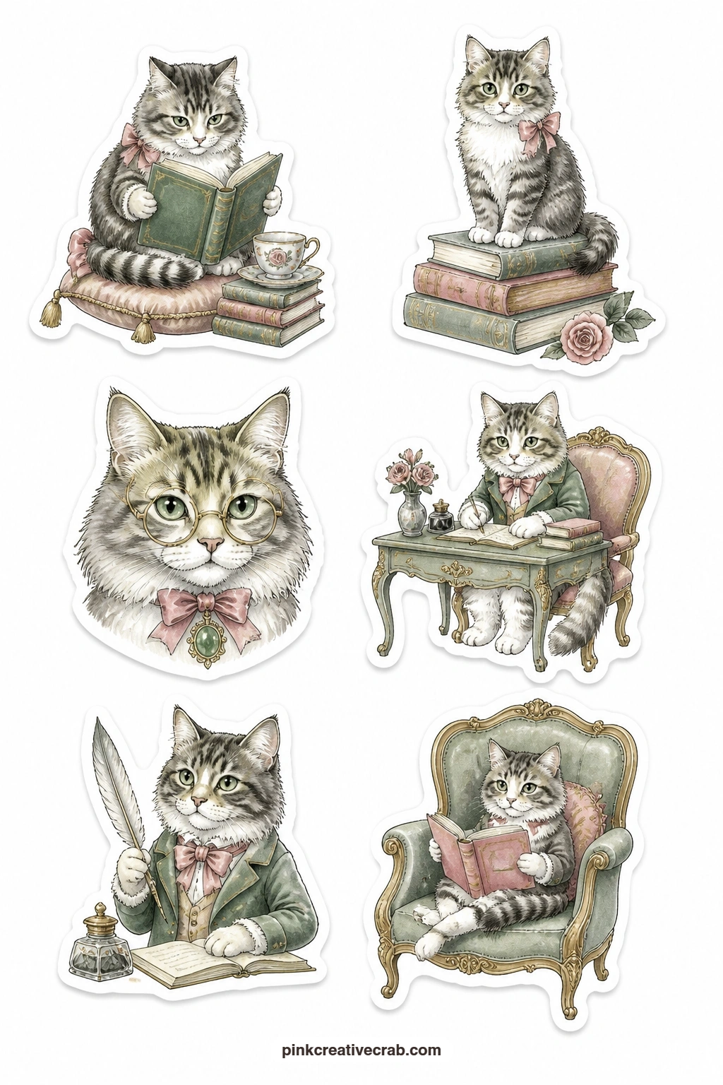 Cats With Books Stickers printable page — A cat reading, a cat perched on a stack of books, a cat wearing small glasses, a cat at a writing desk, a cat holding