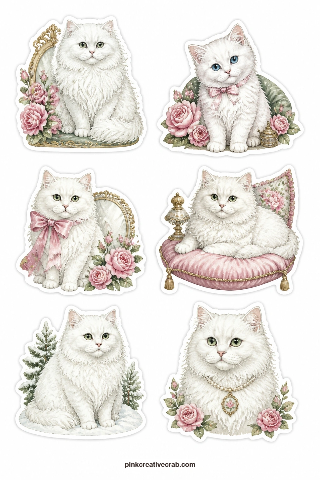 White Cats Stickers printable page — Six pale cats for softer pages: a white Persian, a white kitten with blue eyes, a white cat with a pink bow, a white cat