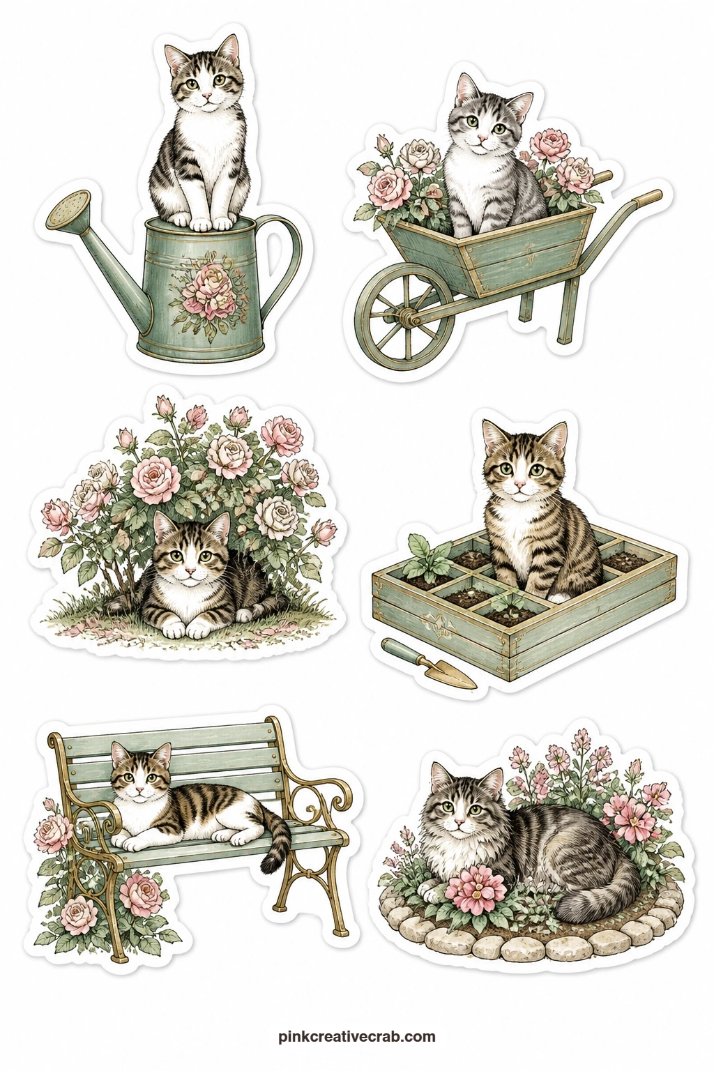 Cats in the Garden Stickers printable page — A cat balanced on a watering can, a cat riding in a wheelbarrow, a cat under a rose bush, a cat sitting in a seed