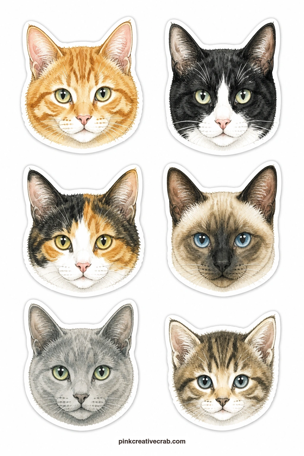 Cat Faces Stickers printable page — Six faces only, no bodies: a ginger face, a tuxedo face, a calico face, a Siamese face, a grey face and a kitten face, each