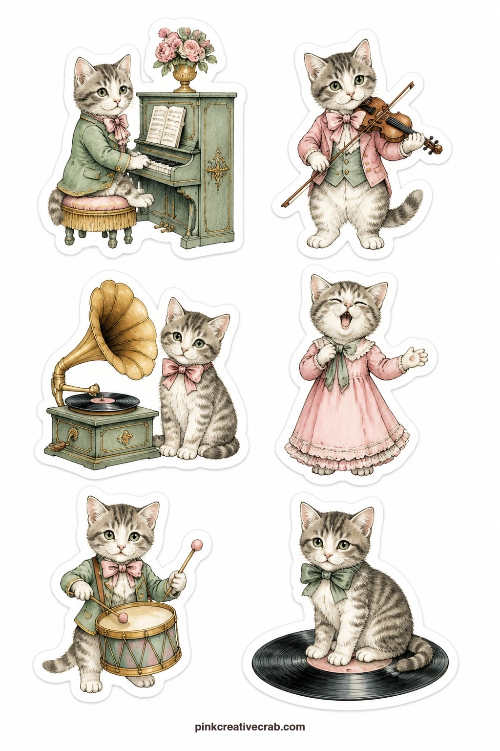 Cats and Music Stickers printable page — A cat seated at a piano, a cat holding a violin, a cat beside a gramophone, a cat mid-song, a cat with a small drum