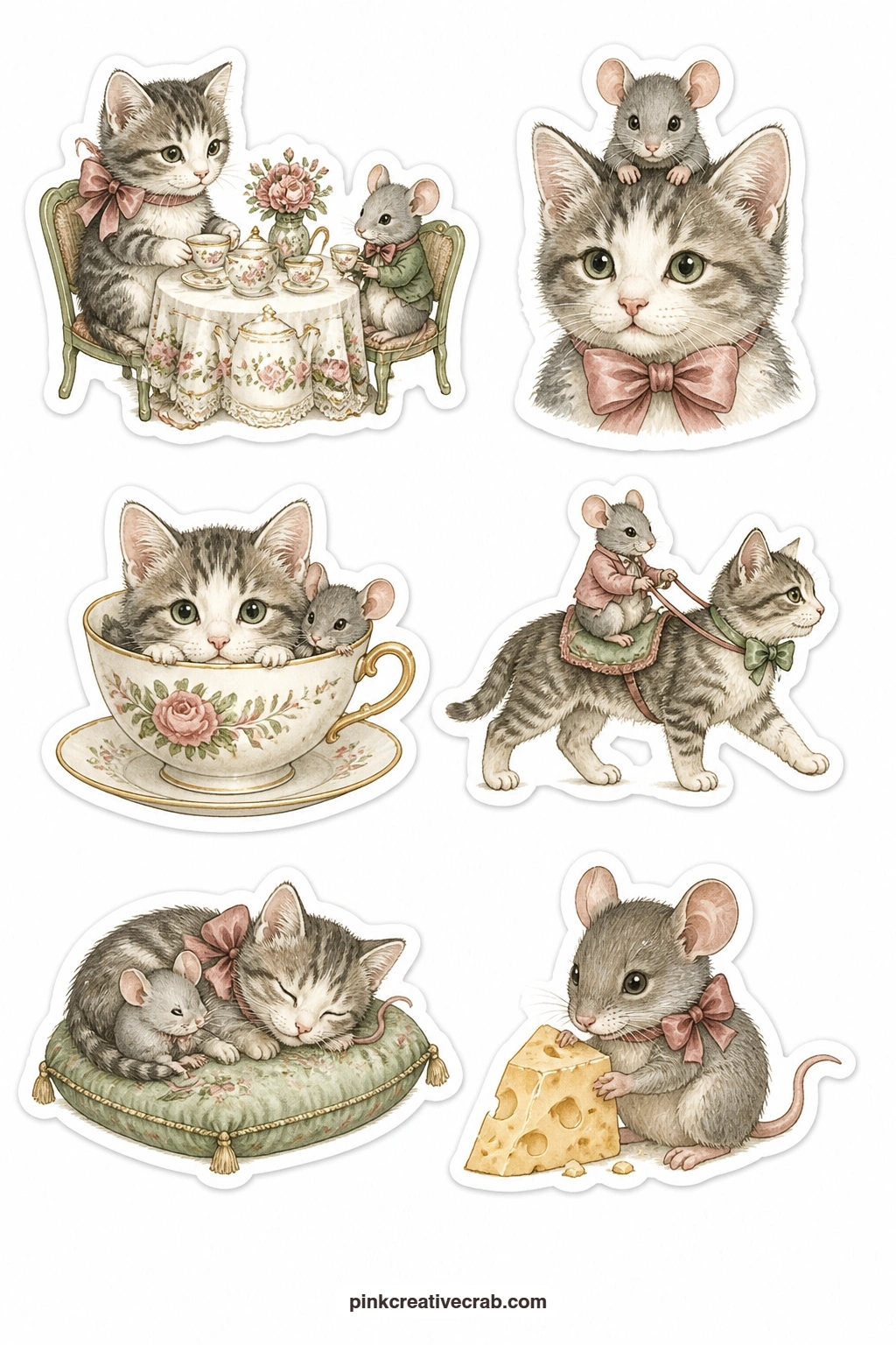 Cat and Mouse Friends Stickers printable page — Six unlikely pairs for a page about friendship or an odd-couple birthday card: a cat and mouse sharing tea, a