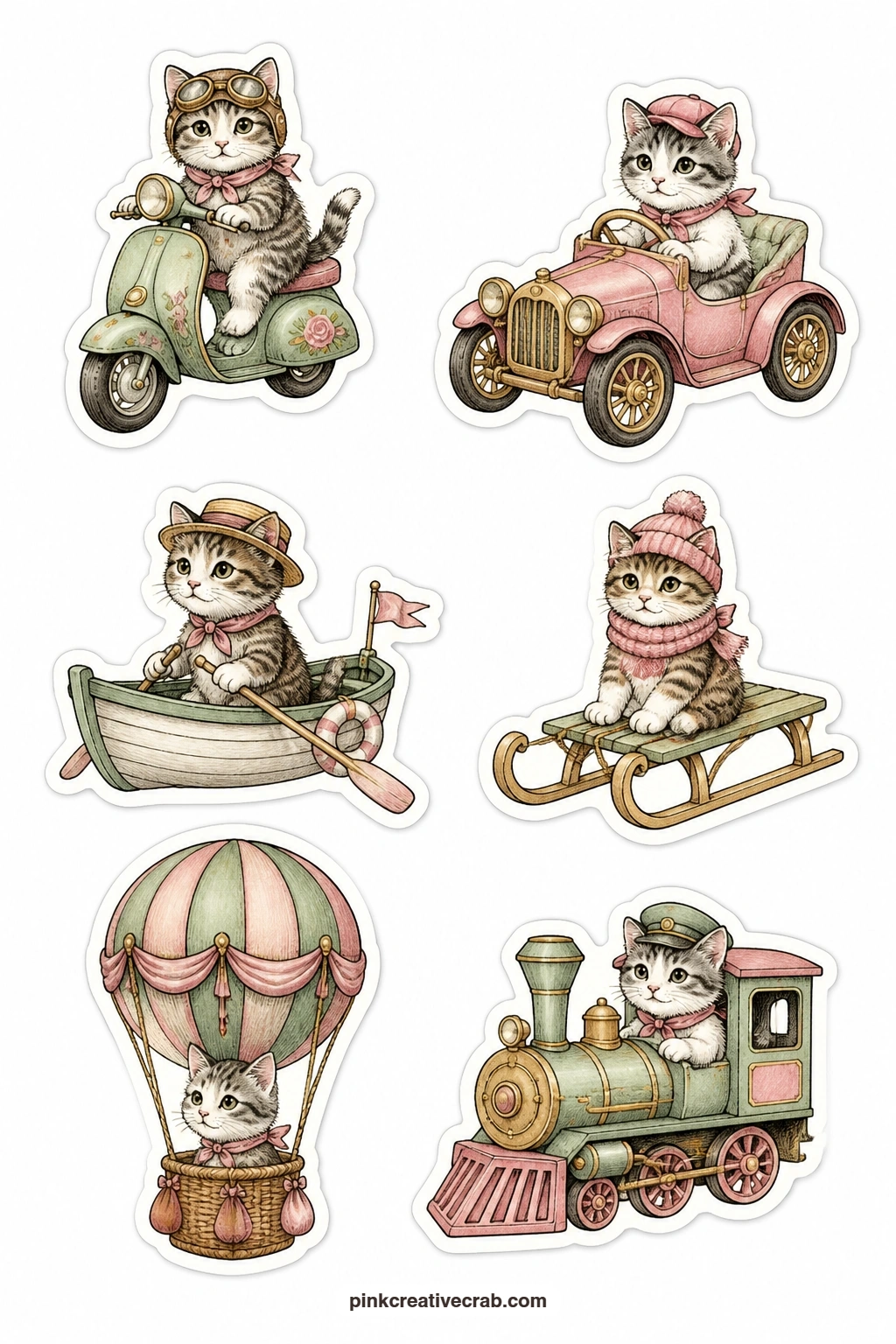 Cats on the Move Stickers printable page — A cat on a scooter, a cat in a toy car, a cat in a little boat, a cat on a sled, a cat riding in a hot air balloon