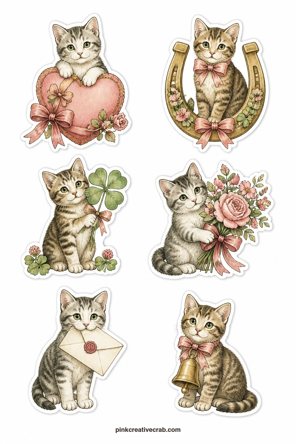 Lucky Postcard Cats Stickers printable page — Borrowed straight from old good-luck postcards: a cat on a heart, a cat with a horseshoe, a cat with a four leaf