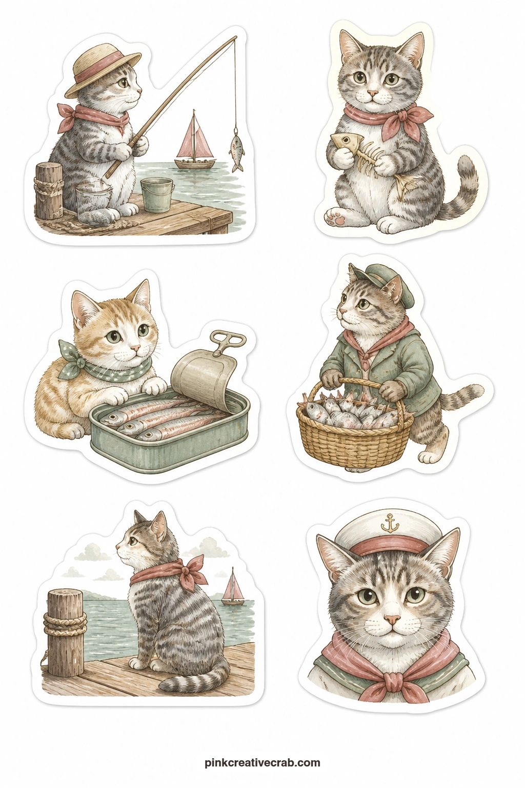 Cats and Fish Stickers printable page — A cat fishing, a cat with a fish bone, a cat beside a sardine tin, a cat carrying a fish basket, a cat sitting on a
