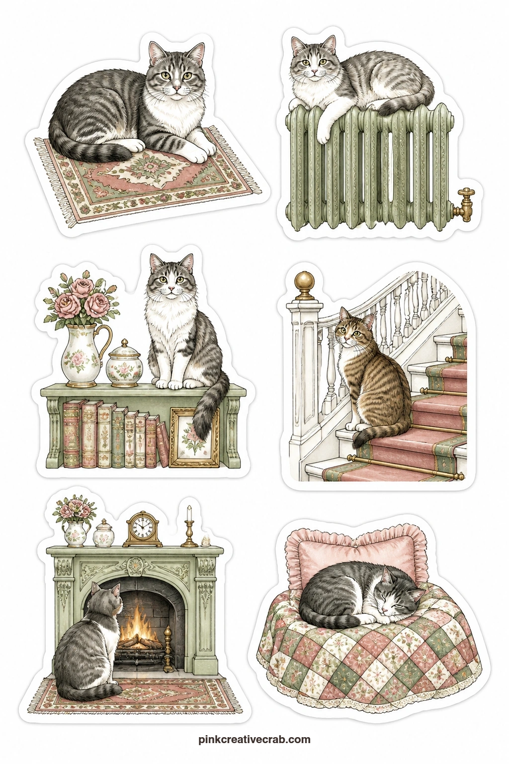 Cats at Home Stickers printable page — The last sheet in the set brings cats back indoors for good: a cat on a rug, a cat on a radiator, a cat on a bookshelf